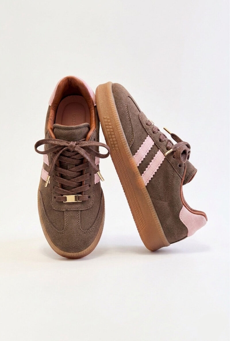 Tenis mujer cafe con detalles rosa ref Roma